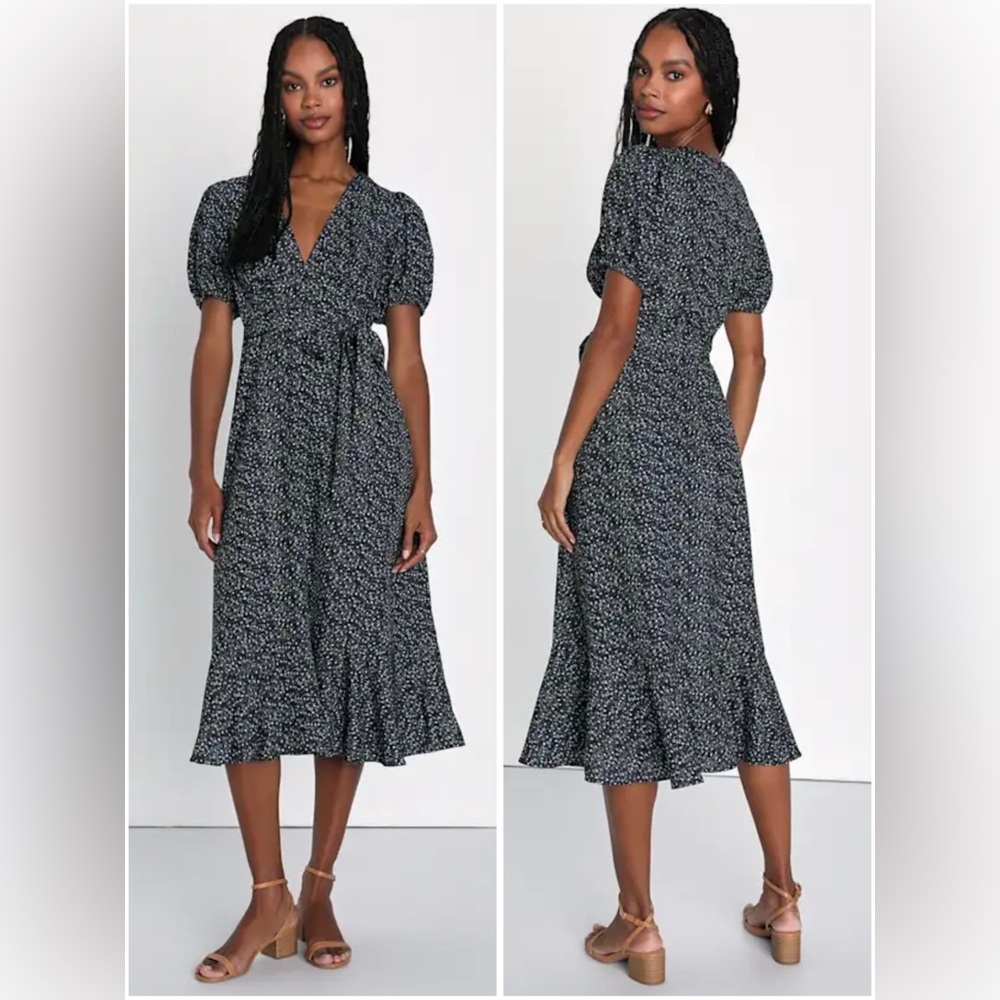 Lulus Elegant Black Floral Midi Dress NWOT